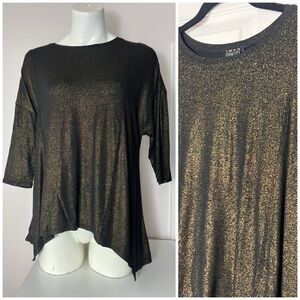 Iman Black Gold Metallic Glitter Sparkle Blouse Asymmetric Hem Top Size Small